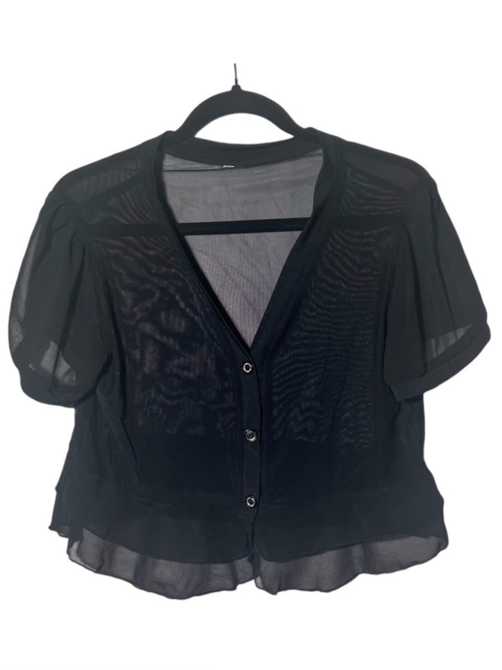 Sheer Black Short Sleeve Peplum Peplum Ruffle Button Up Top Approx Small Med